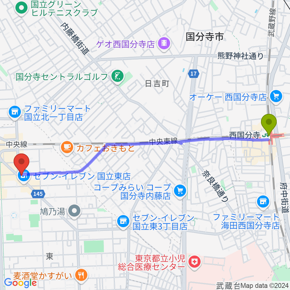 西国分寺駅から国立ヴィオレホールへのルートマップ地図