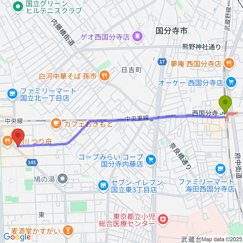 西国分寺駅から国立ヴィオレホールへのルートマップ地図