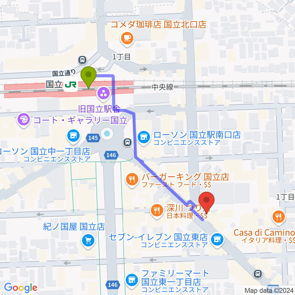 国立ヴィオレホールの最寄駅国立駅からの徒歩ルート（約5分）地図