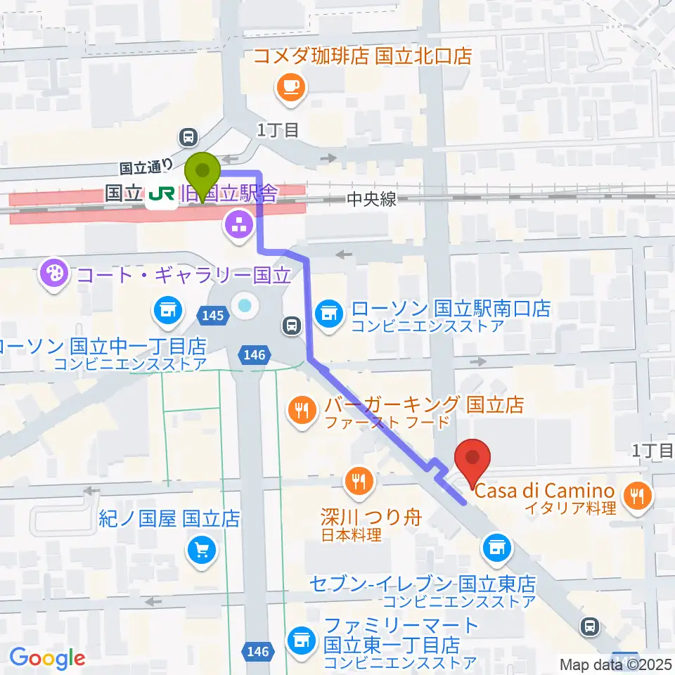 国立ヴィオレホールの最寄駅国立駅からの徒歩ルート（約5分）地図