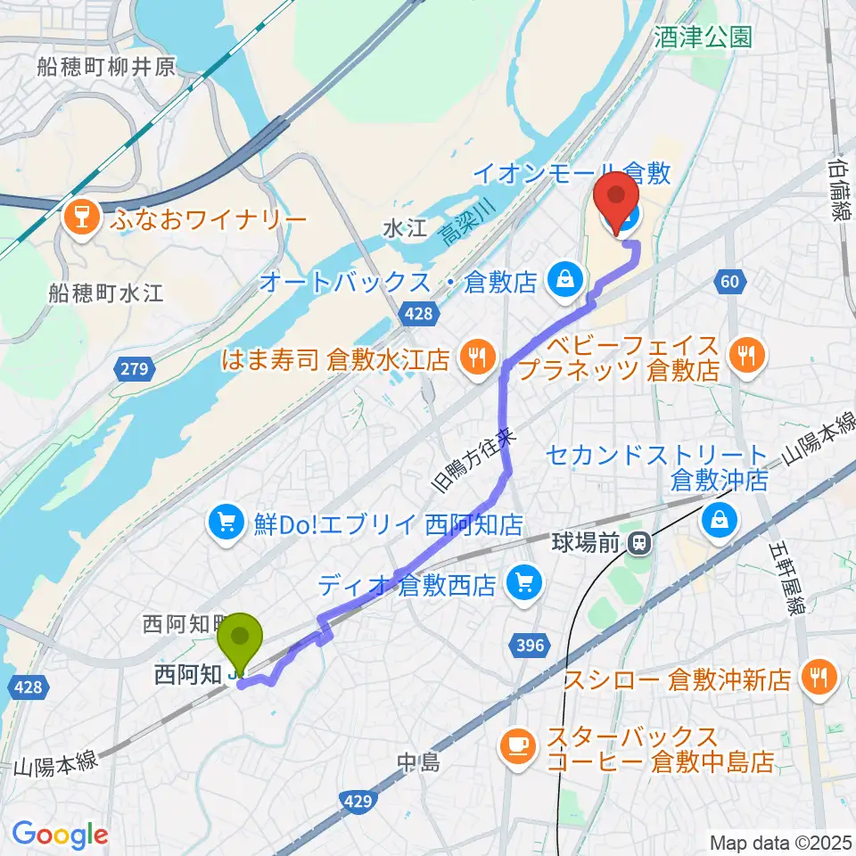 西阿知駅から島村楽器 イオンモール倉敷店 へのルートマップ地図