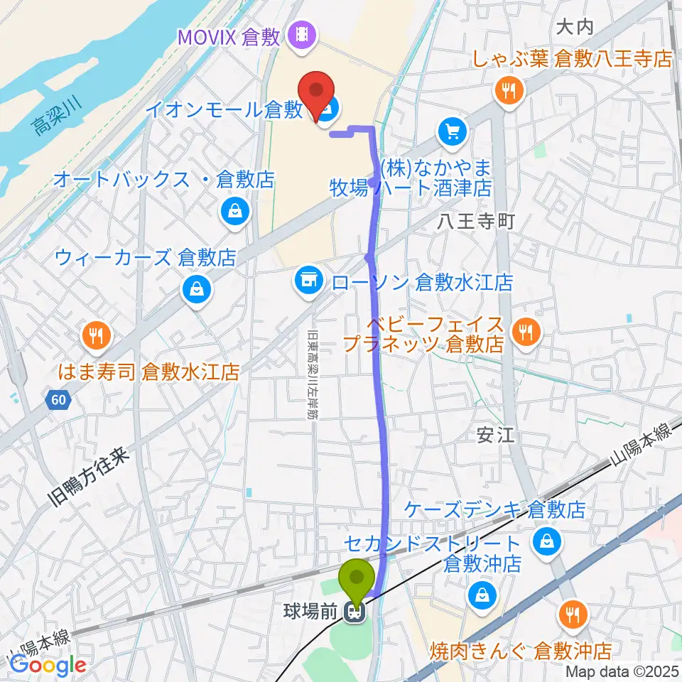 島村楽器 イオンモール倉敷店 の最寄駅球場前駅からの徒歩ルート（約22分）地図