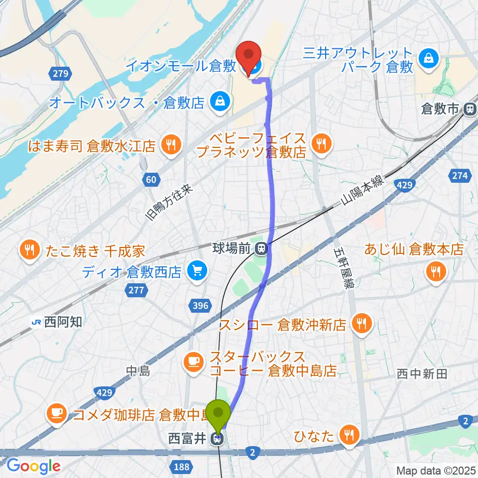 西富井駅から島村楽器 イオンモール倉敷店 へのルートマップ地図