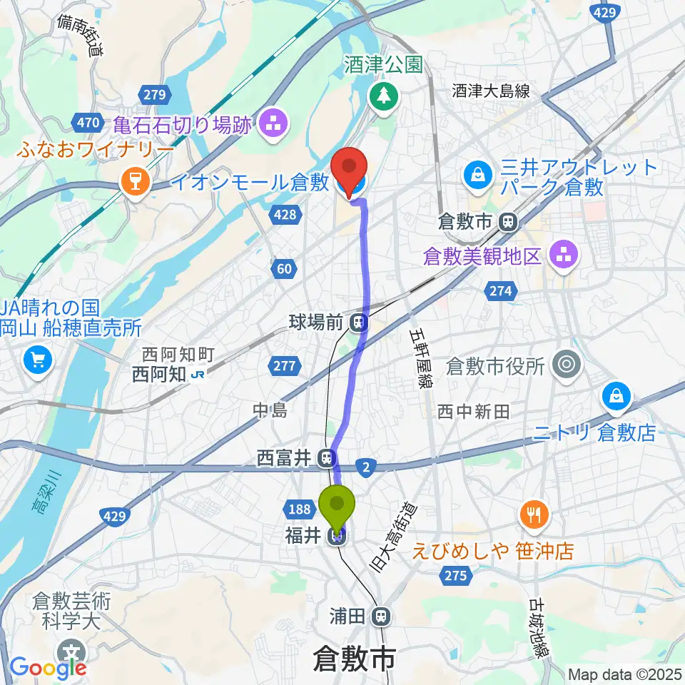 福井駅から島村楽器 イオンモール倉敷店 へのルートマップ地図