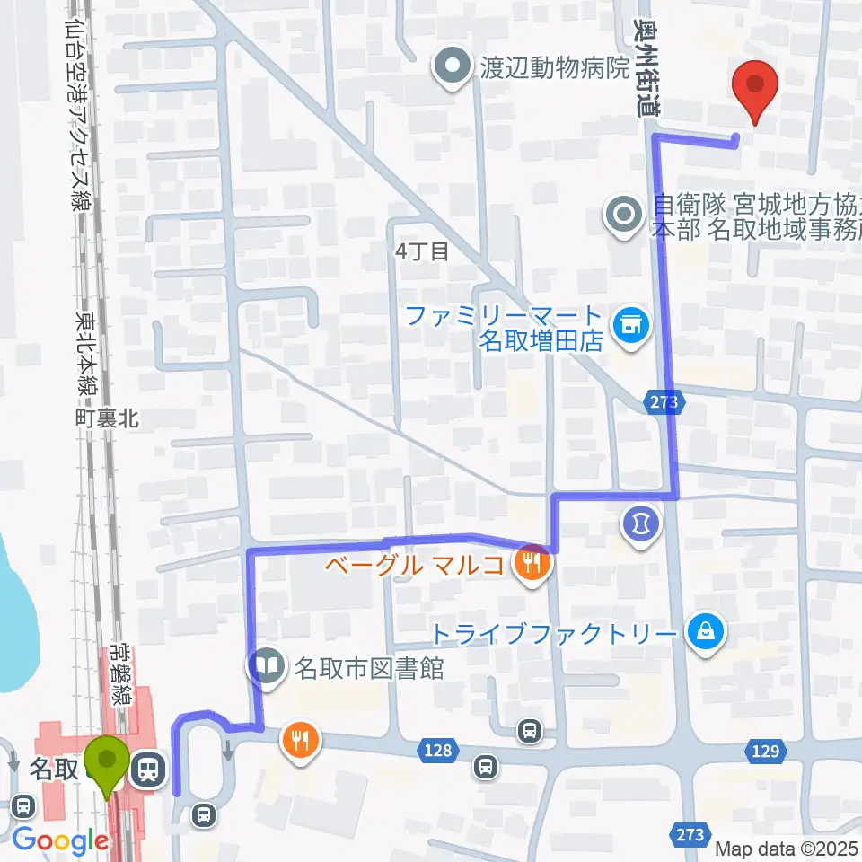 郷ピアノ教室の最寄駅名取駅からの徒歩ルート（約8分）地図