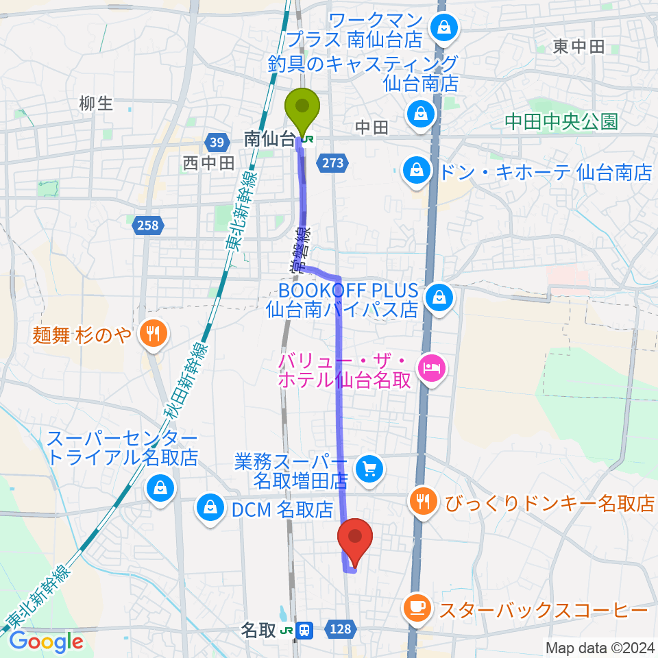 南仙台駅から郷ピアノ教室へのルートマップ地図