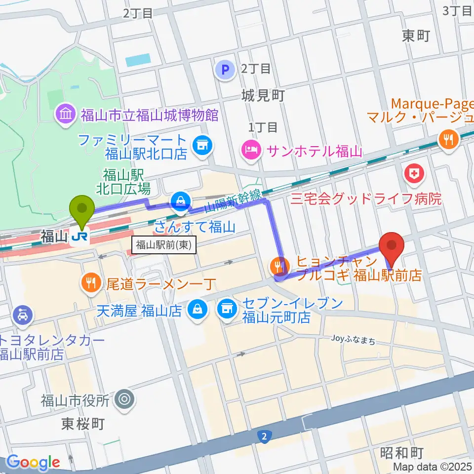 ガッキ・コム 安原楽器の最寄駅福山駅からの徒歩ルート（約10分）地図