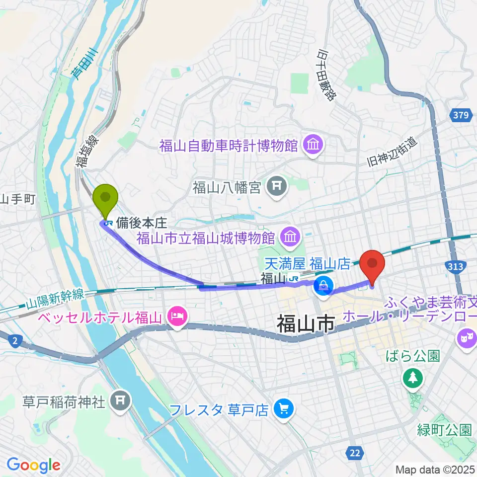 備後本庄駅からガッキ・コム 安原楽器へのルートマップ地図