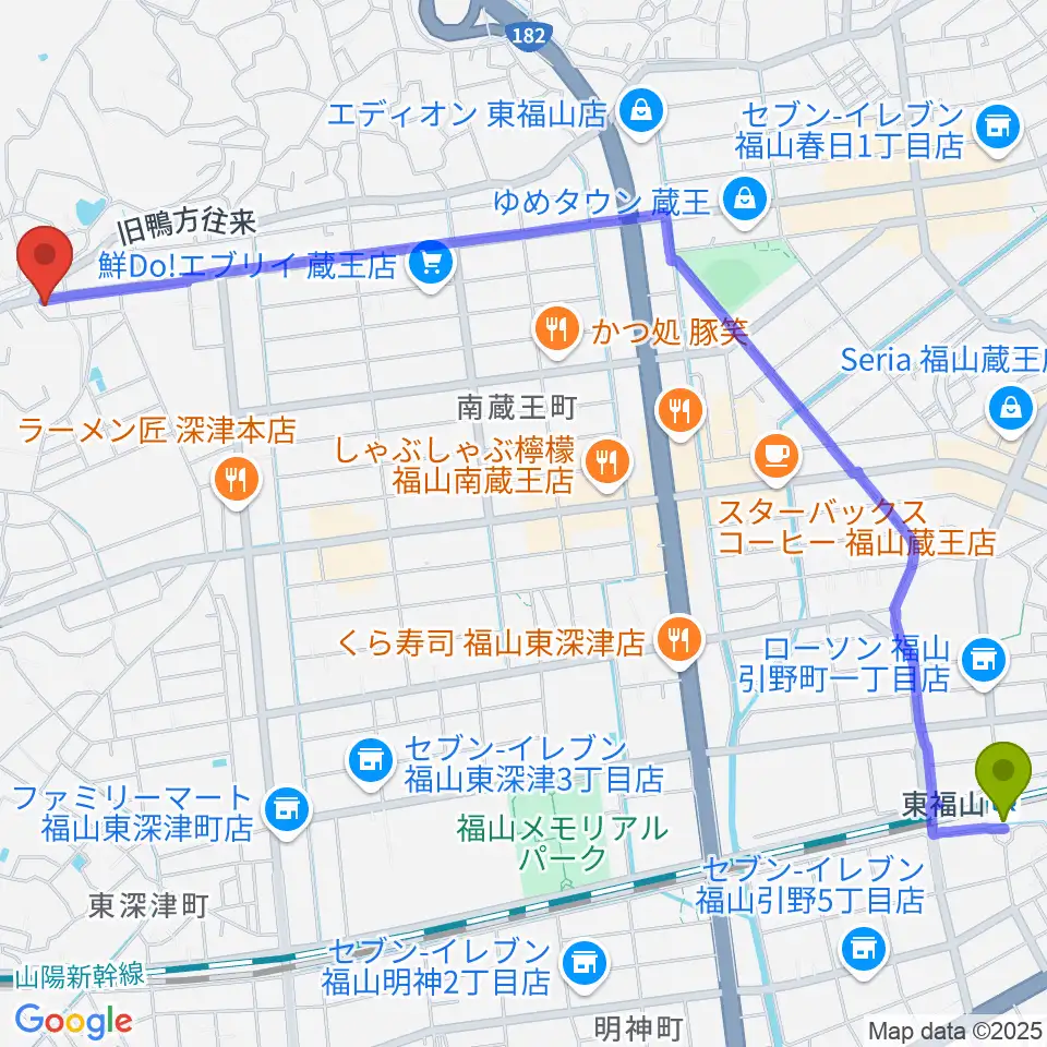 福山楽器センターの最寄駅東福山駅からの徒歩ルート（約33分）地図