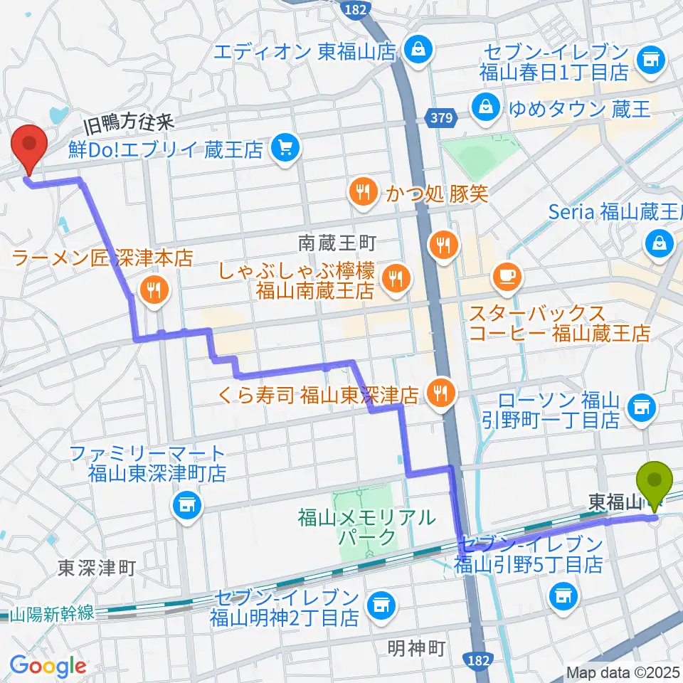 福山楽器センターの最寄駅東福山駅からの徒歩ルート（約33分）地図