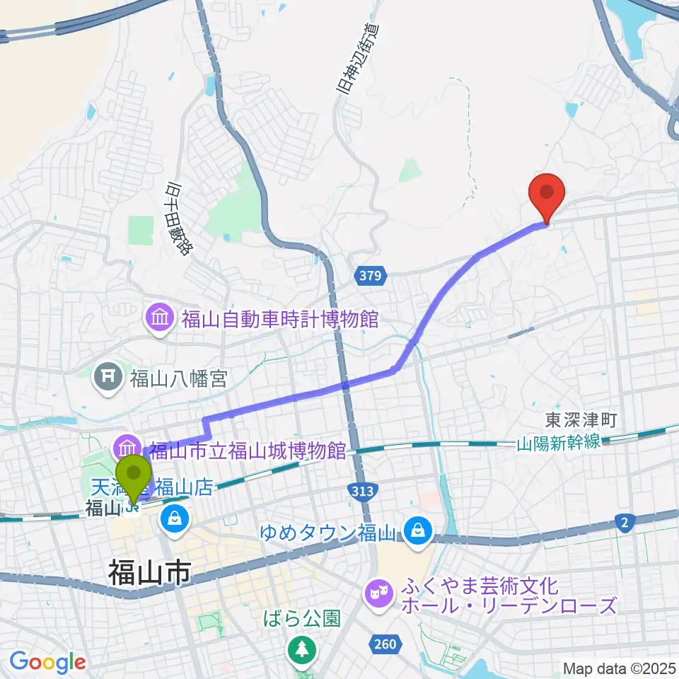 福山駅から福山楽器センターへのルートマップ地図