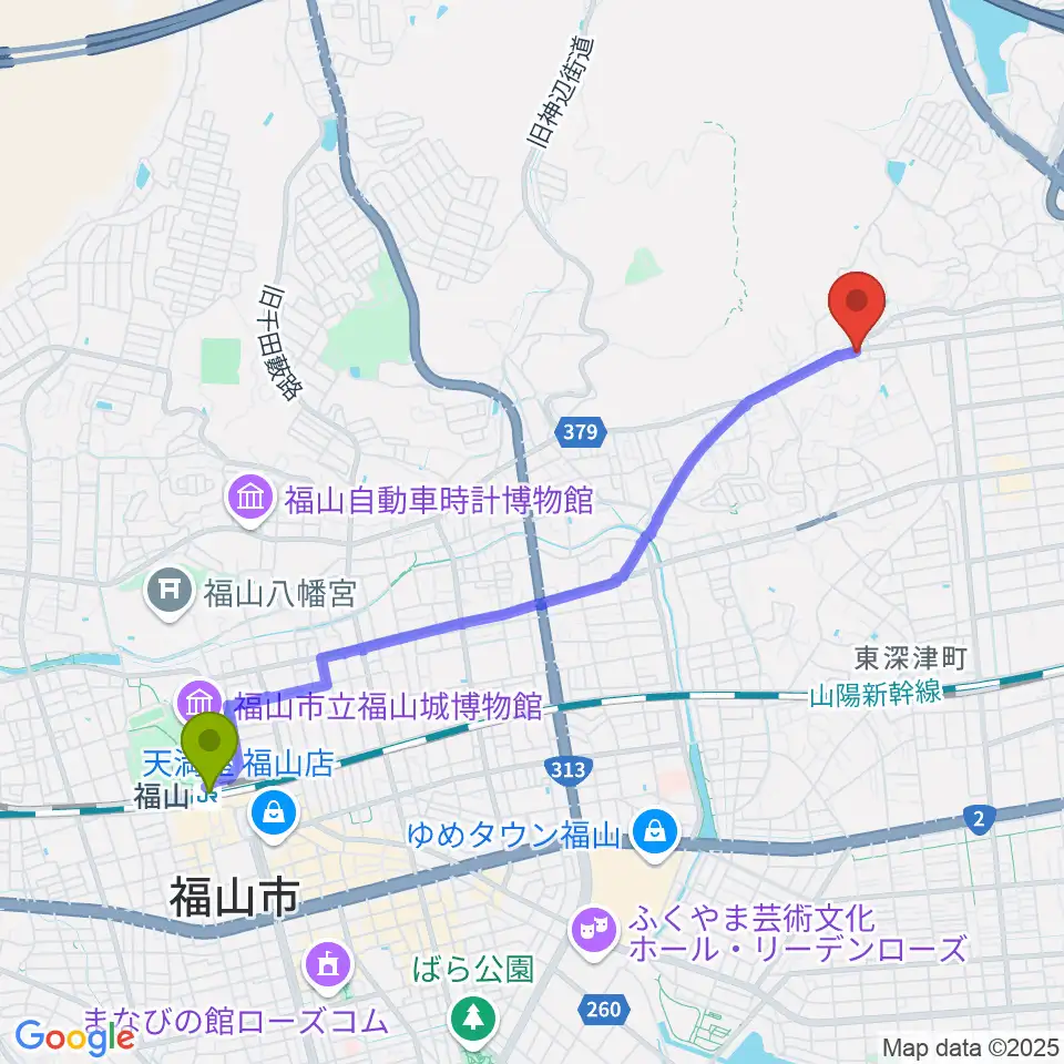 福山駅から福山楽器センターへのルートマップ地図