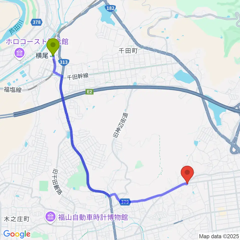 横尾駅から福山楽器センターへのルートマップ地図