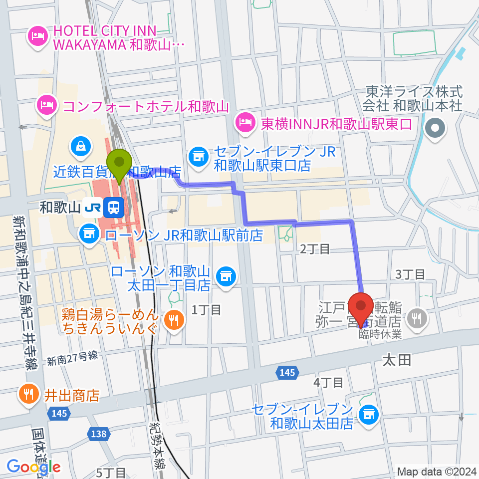 和歌山駅から和歌山テイクファイブへのルートマップ地図