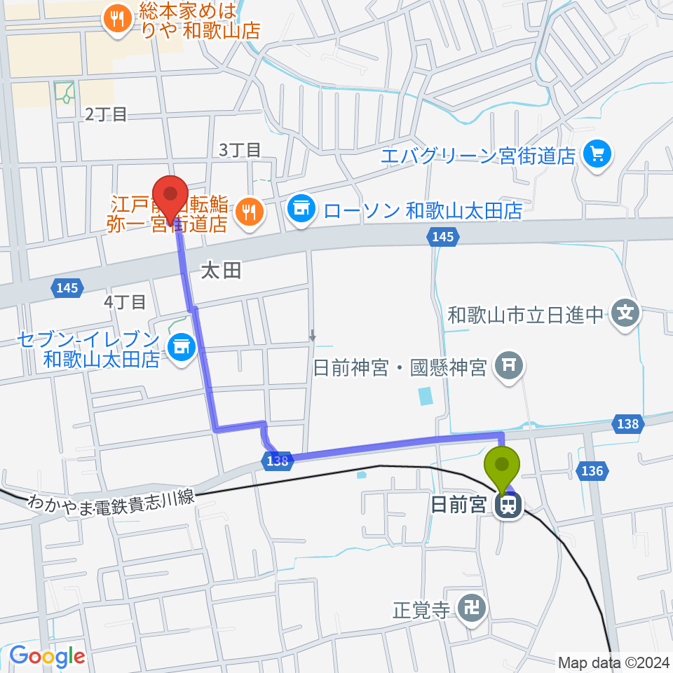 日前宮駅から和歌山テイクファイブへのルートマップ地図