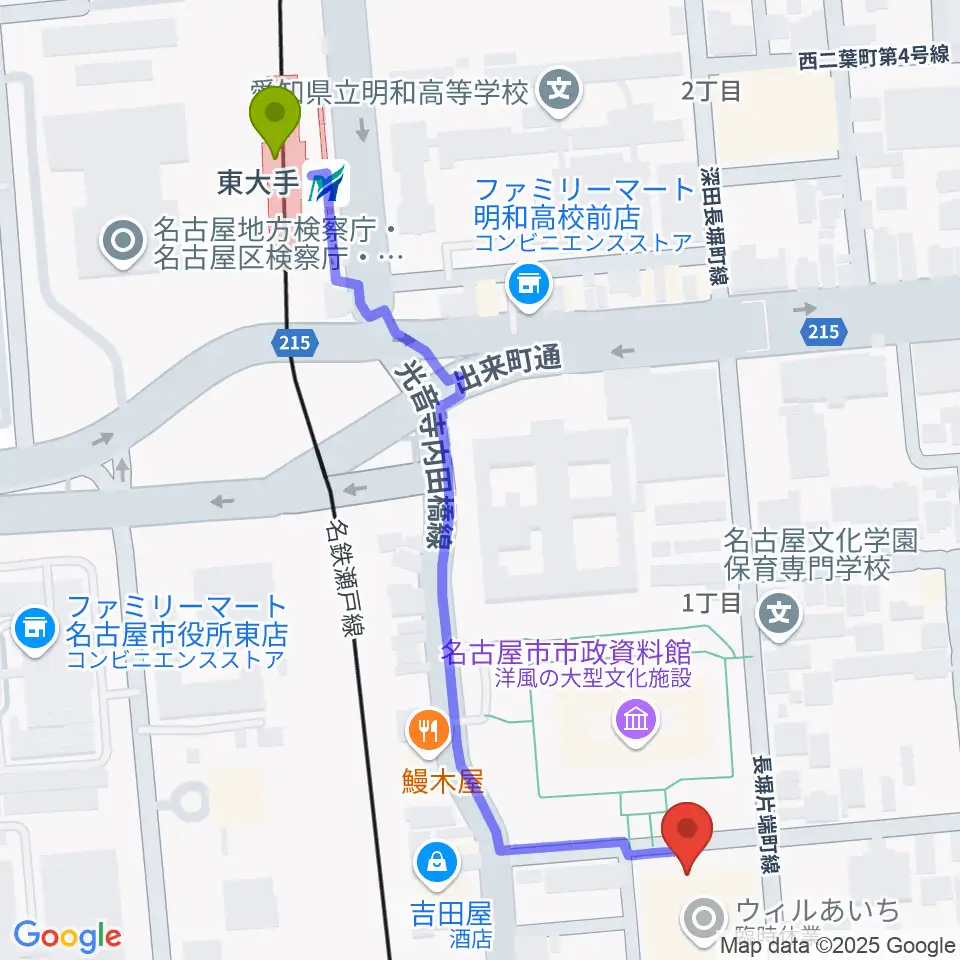 ウィルあいち愛知県女性総合センターの最寄駅東大手駅からの徒歩ルート（約7分）地図