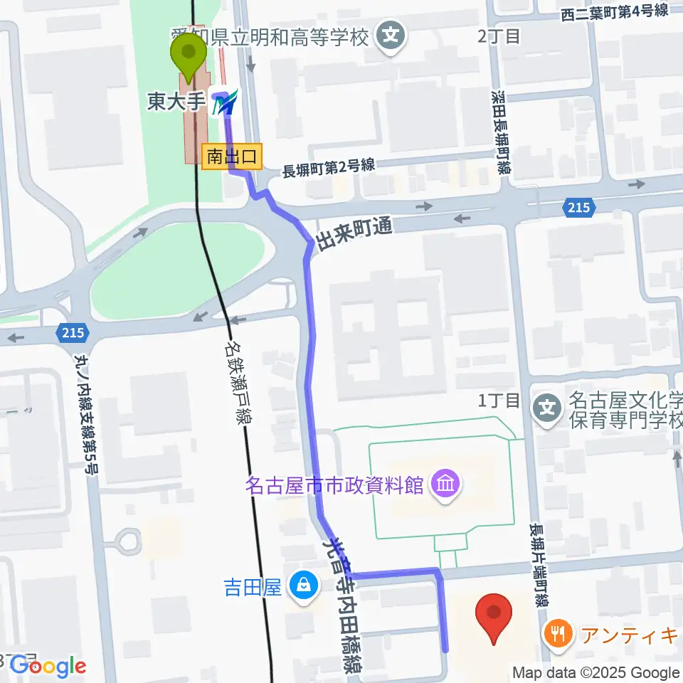 ウィルあいちの最寄駅東大手駅からの徒歩ルート（約7分）地図