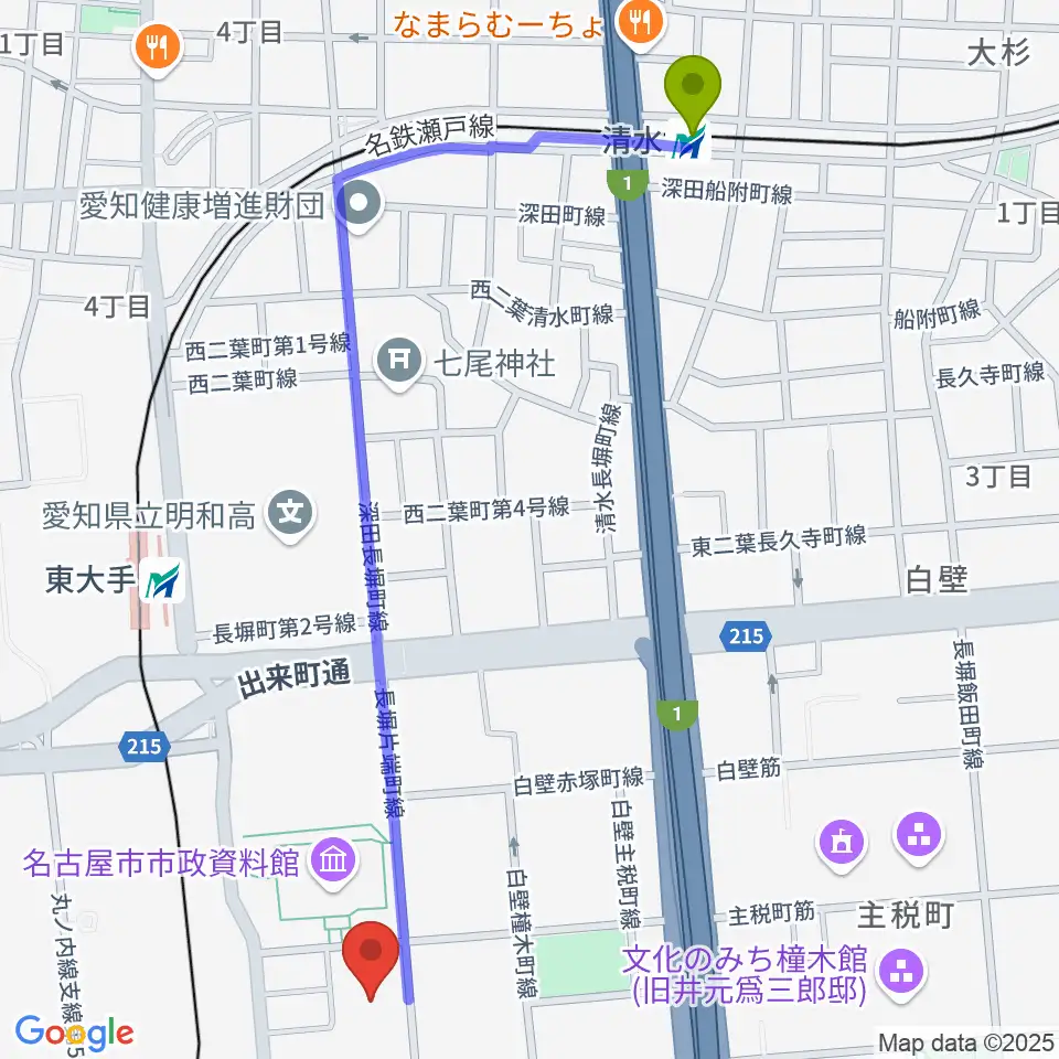 清水駅からウィルあいちへのルートマップ地図
