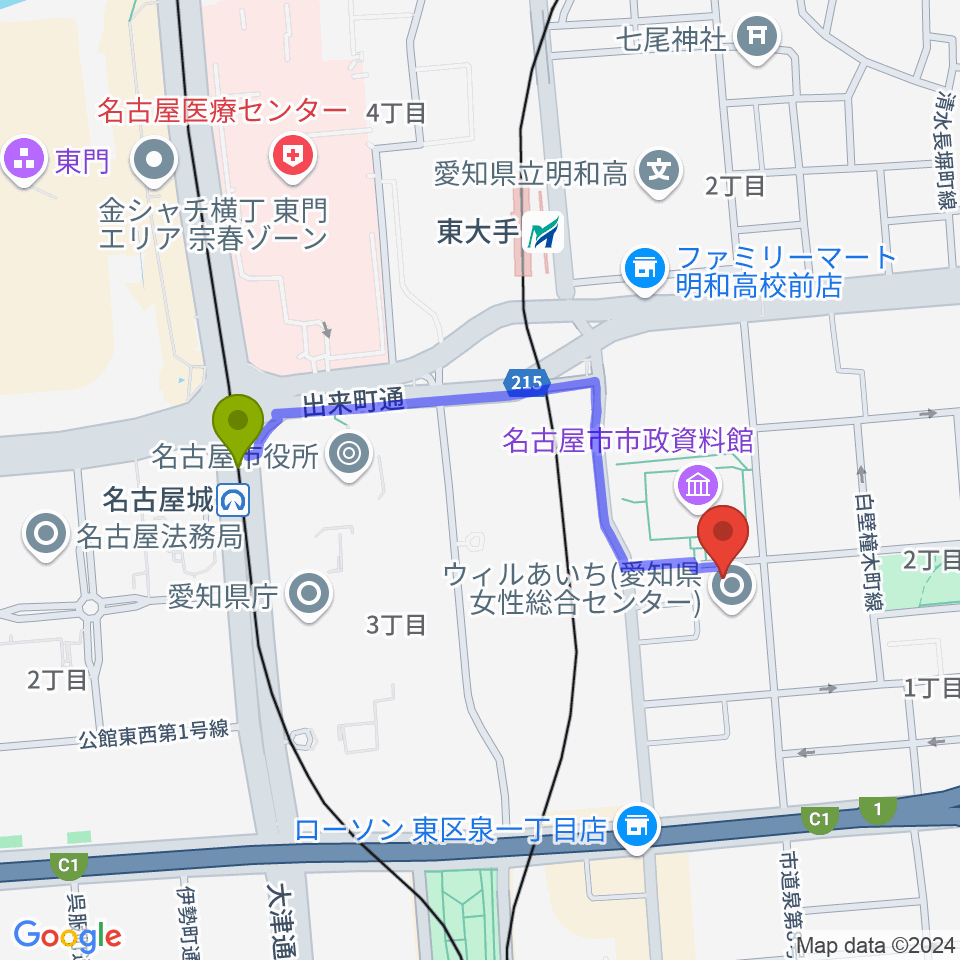 市役所駅からウィルあいち ウィルホールへのルートマップ Mdata