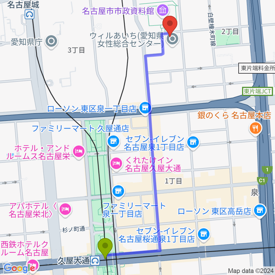 久屋大通駅からウィルあいち ウィルホールへのルートマップ Mdata