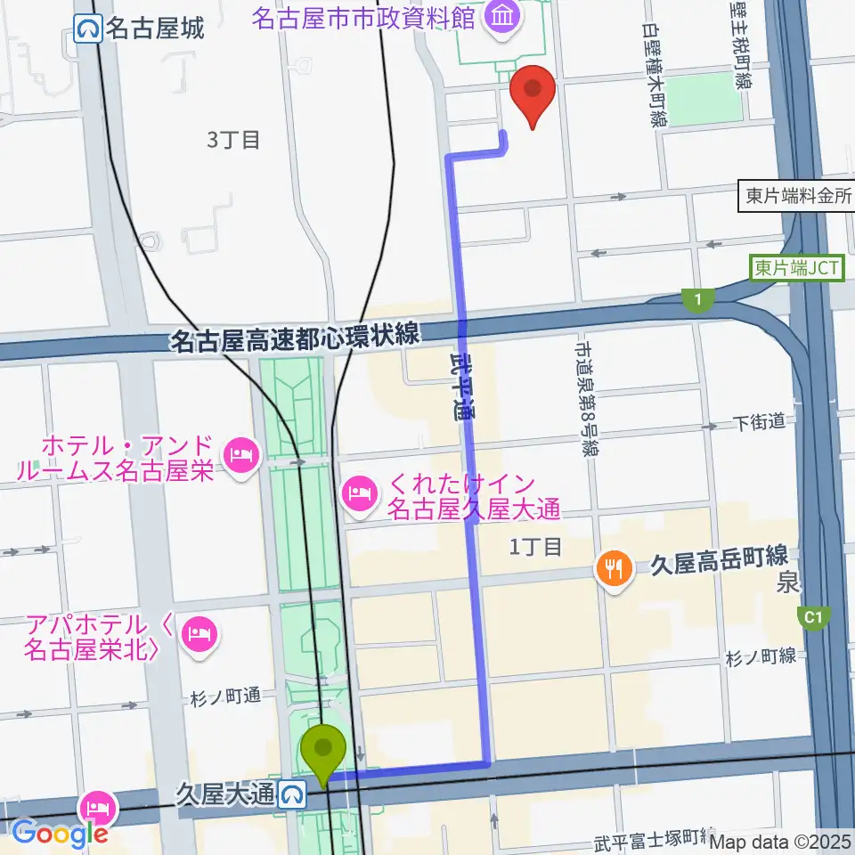 久屋大通駅からウィルあいちへのルートマップ地図