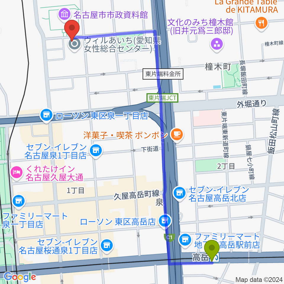 高岳駅からウィルあいち ウィルホールへのルートマップ Mdata