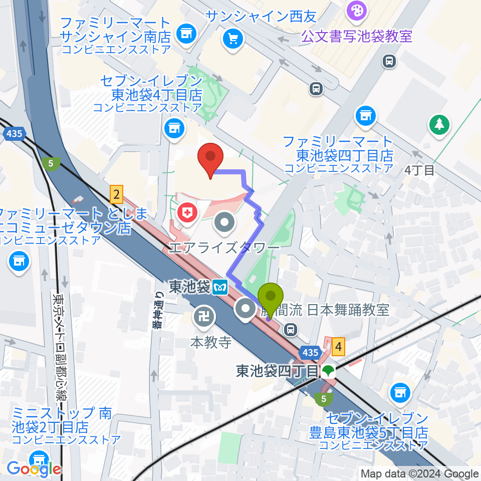 あうるすぽっとの最寄駅東池袋駅からの徒歩ルート（約2分）地図