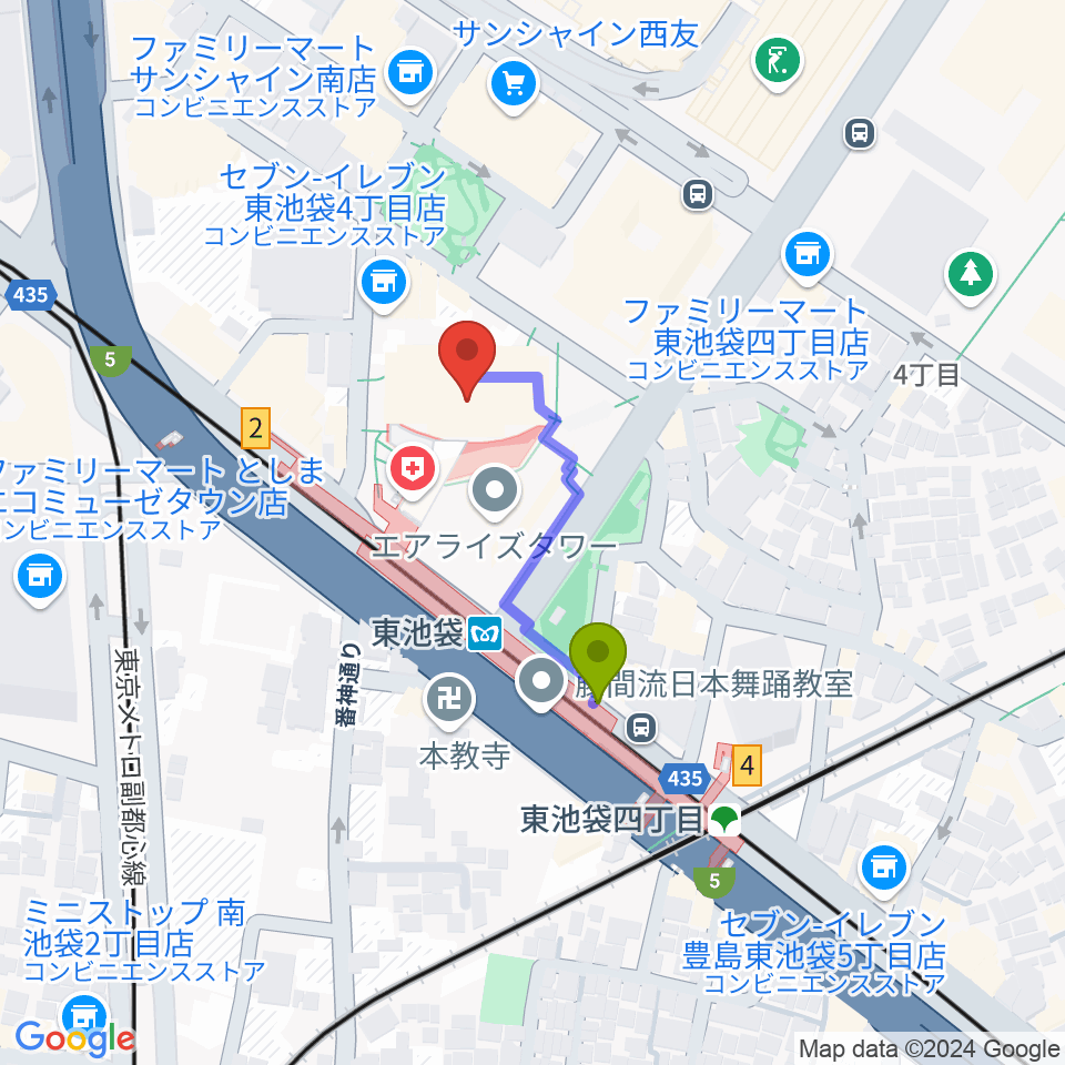 あうるすぽっとの最寄駅東池袋駅からの徒歩ルート（約2分）地図