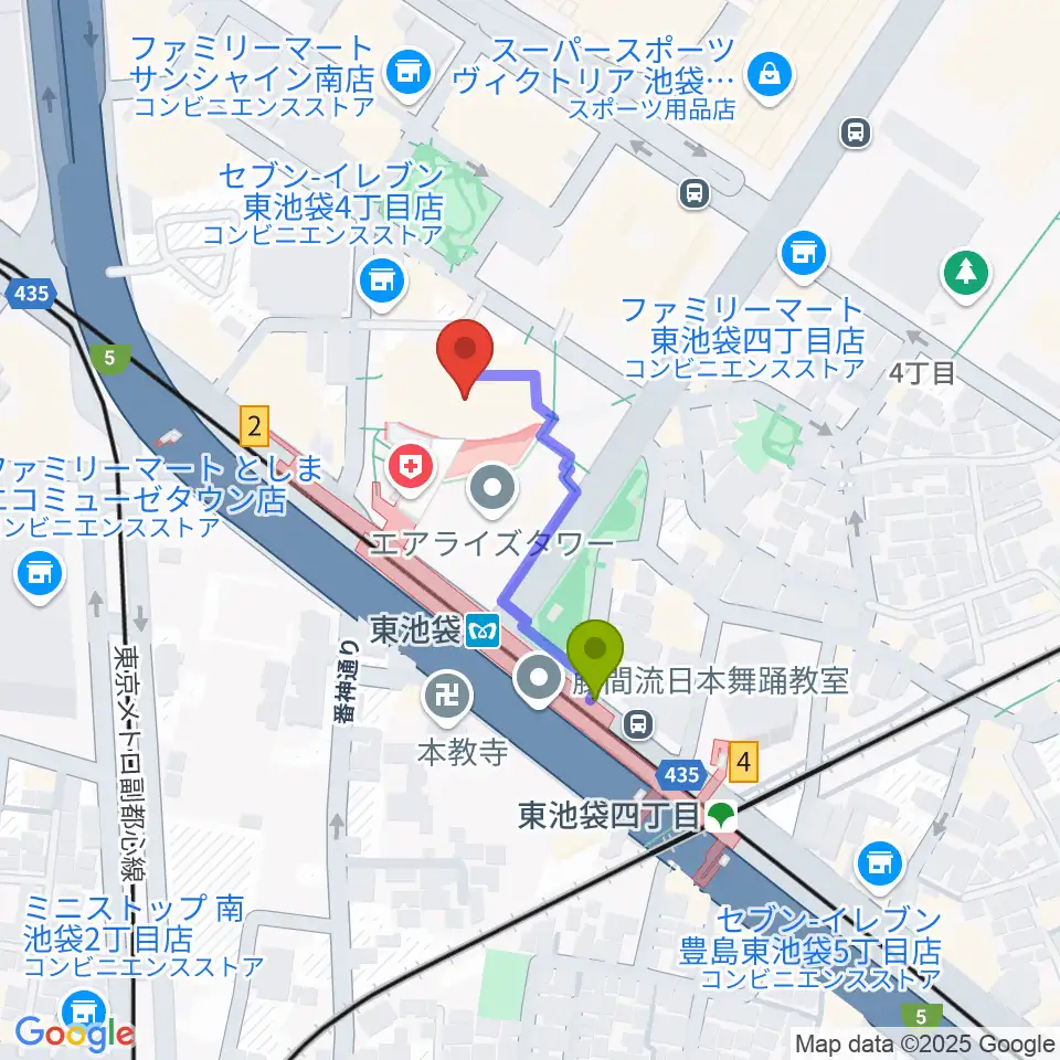 あうるすぽっとの最寄駅東池袋駅からの徒歩ルート（約2分）地図