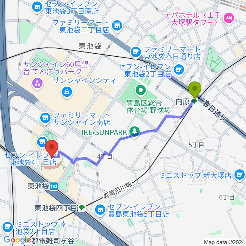 向原駅からあうるすぽっとへのルートマップ地図