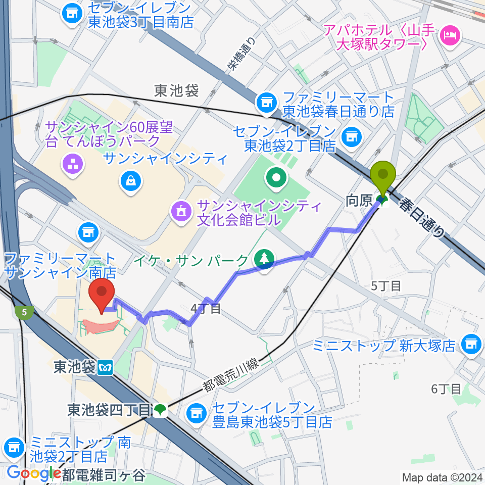 向原駅からあうるすぽっとへのルートマップ地図