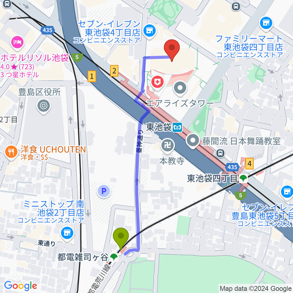 都電雑司ヶ谷駅からあうるすぽっとへのルートマップ地図