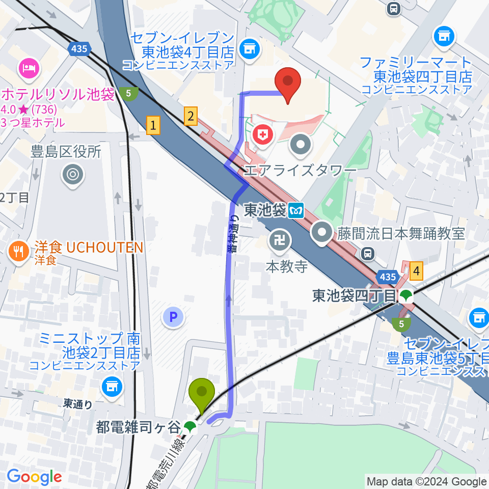 都電雑司ヶ谷駅からあうるすぽっとへのルートマップ地図