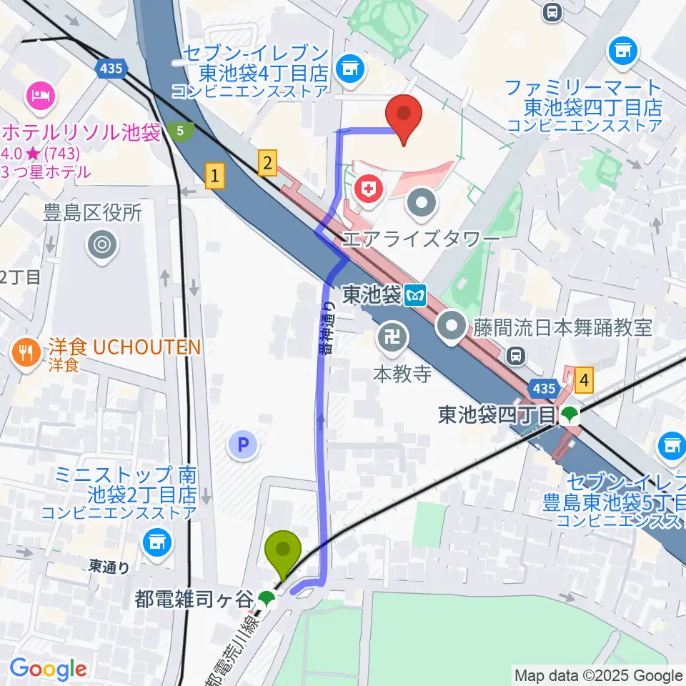 都電雑司ヶ谷駅からあうるすぽっとへのルートマップ地図