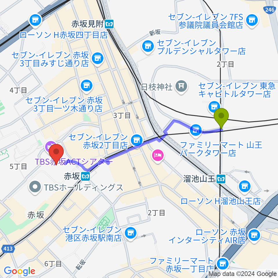 溜池山王駅からTBS赤坂ACTシアターへのルートマップ地図