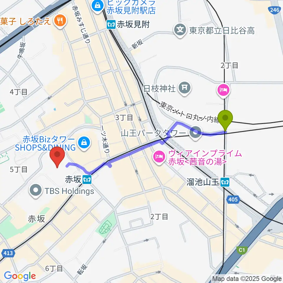 溜池山王駅からTBS赤坂ACTシアターへのルートマップ地図