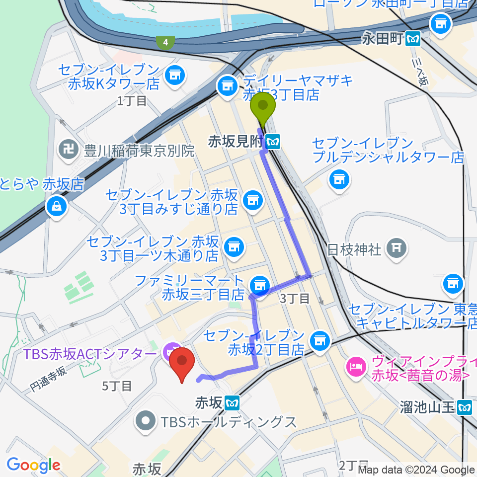 赤坂見附駅からTBS赤坂ACTシアターへのルートマップ地図