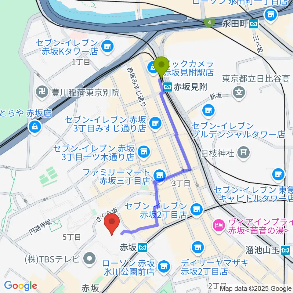 赤坂見附駅からTBS赤坂ACTシアターへのルートマップ地図