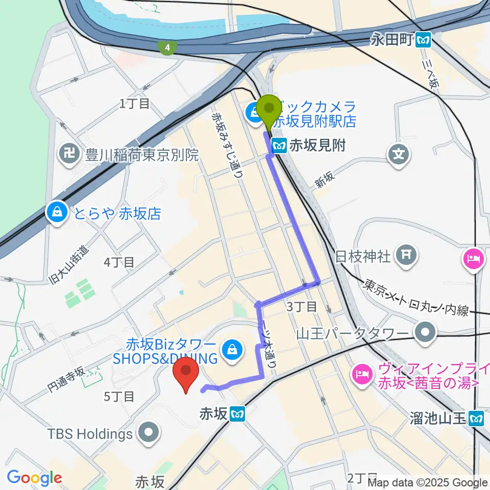 赤坂見附駅からTBS赤坂ACTシアターへのルートマップ地図