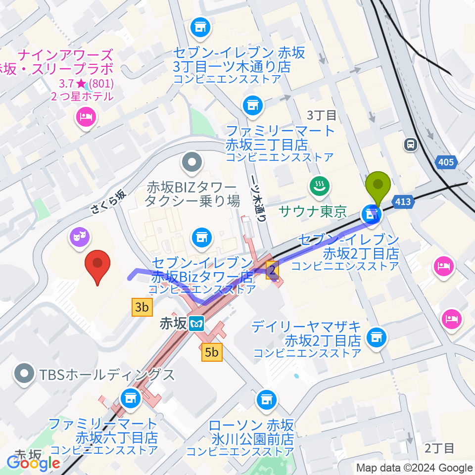 TBS赤坂ACTシアターの最寄駅赤坂駅からの徒歩ルート（約5分）地図