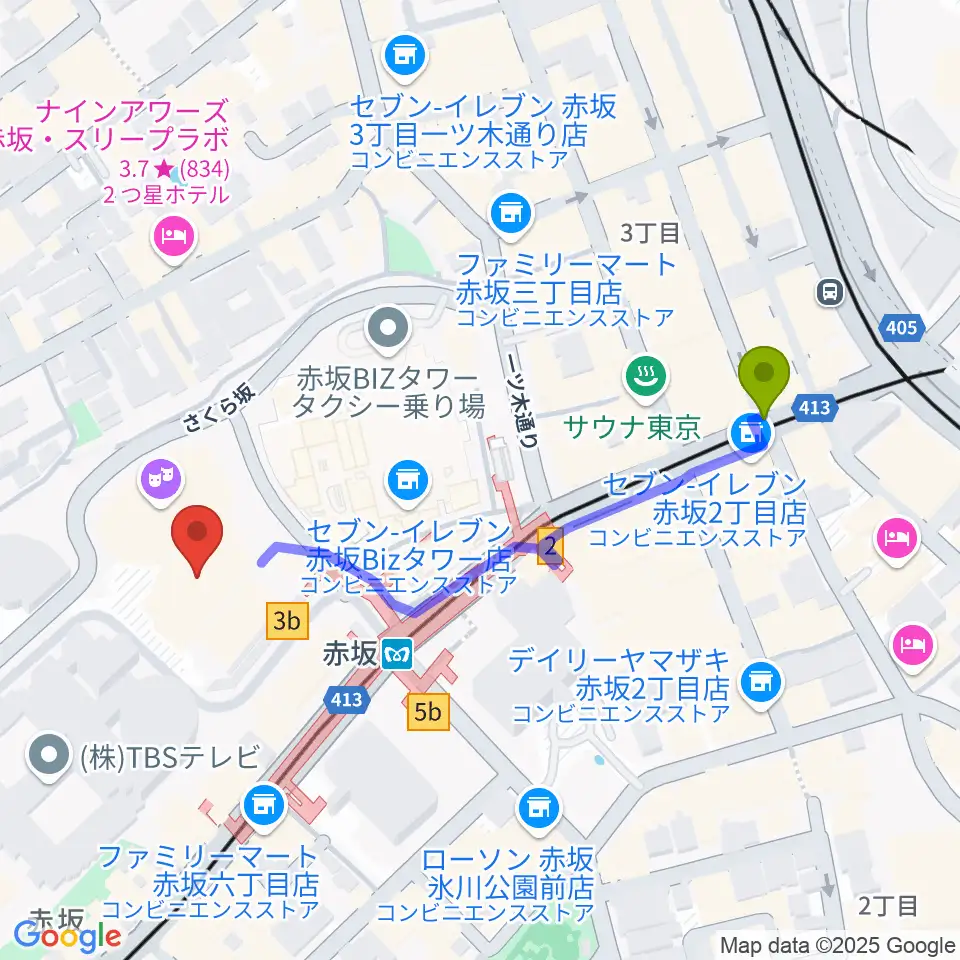 TBS赤坂ACTシアターの最寄駅赤坂駅からの徒歩ルート（約5分）地図