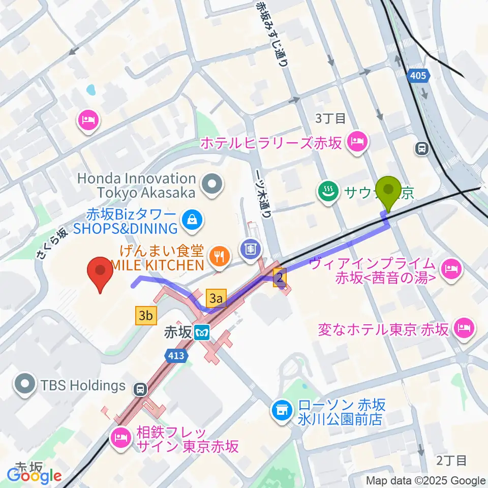 TBS赤坂ACTシアターの最寄駅赤坂駅からの徒歩ルート（約5分）地図