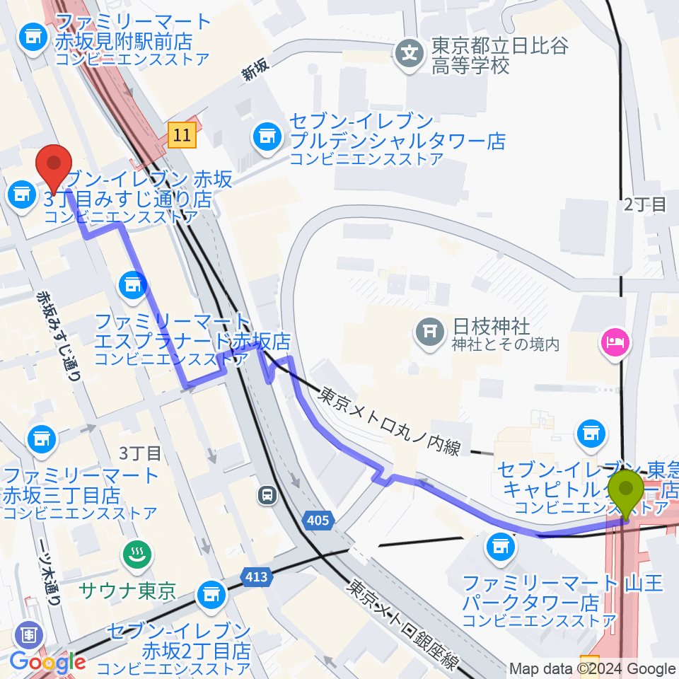 溜池山王駅から赤坂レッドシアターへのルートマップ地図