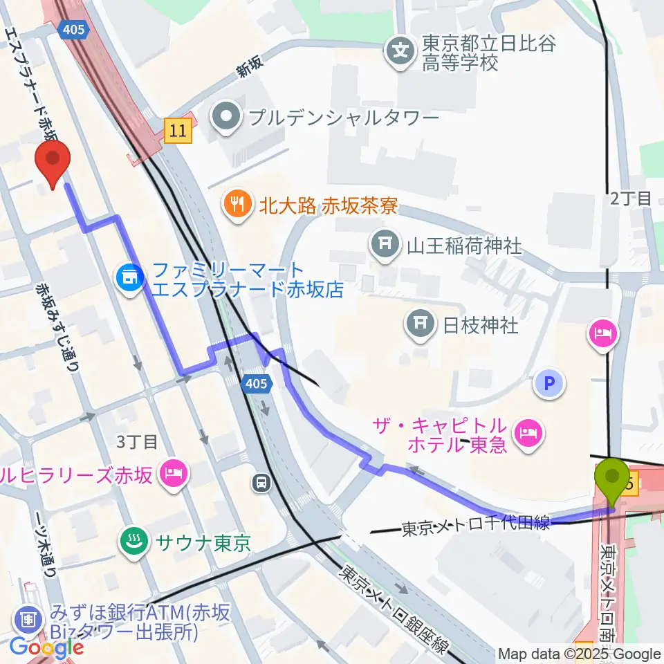 溜池山王駅から赤坂レッドシアターへのルートマップ地図