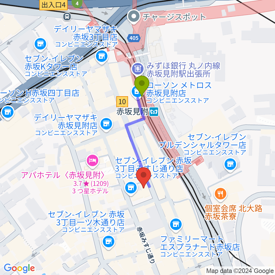 赤坂レッドシアターの最寄駅赤坂見附駅からの徒歩ルート（約3分）地図