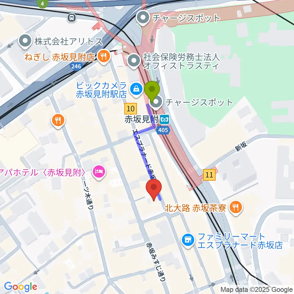 赤坂レッドシアターの最寄駅赤坂見附駅からの徒歩ルート（約3分）地図