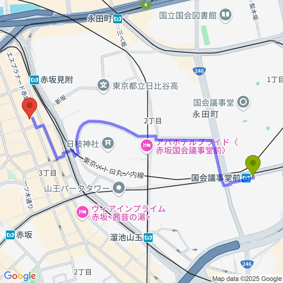 国会議事堂前駅から赤坂レッドシアターへのルートマップ地図