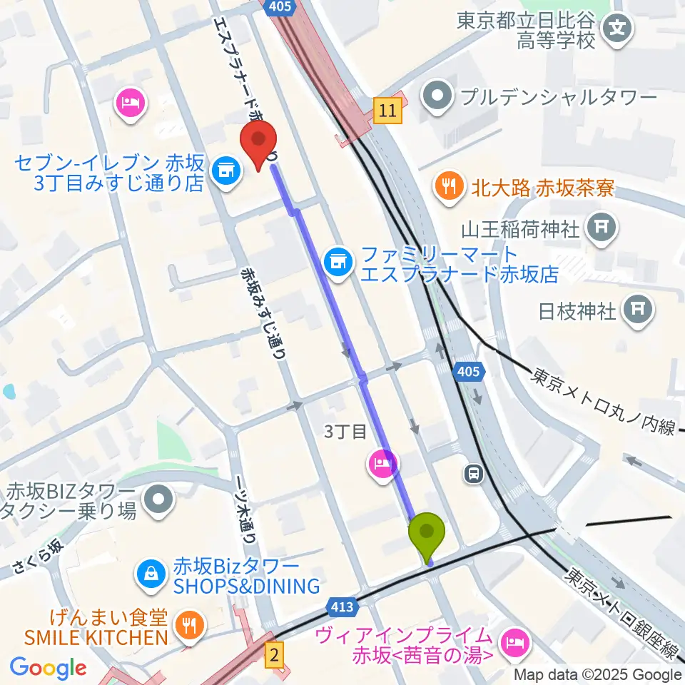 赤坂駅から赤坂レッドシアターへのルートマップ地図