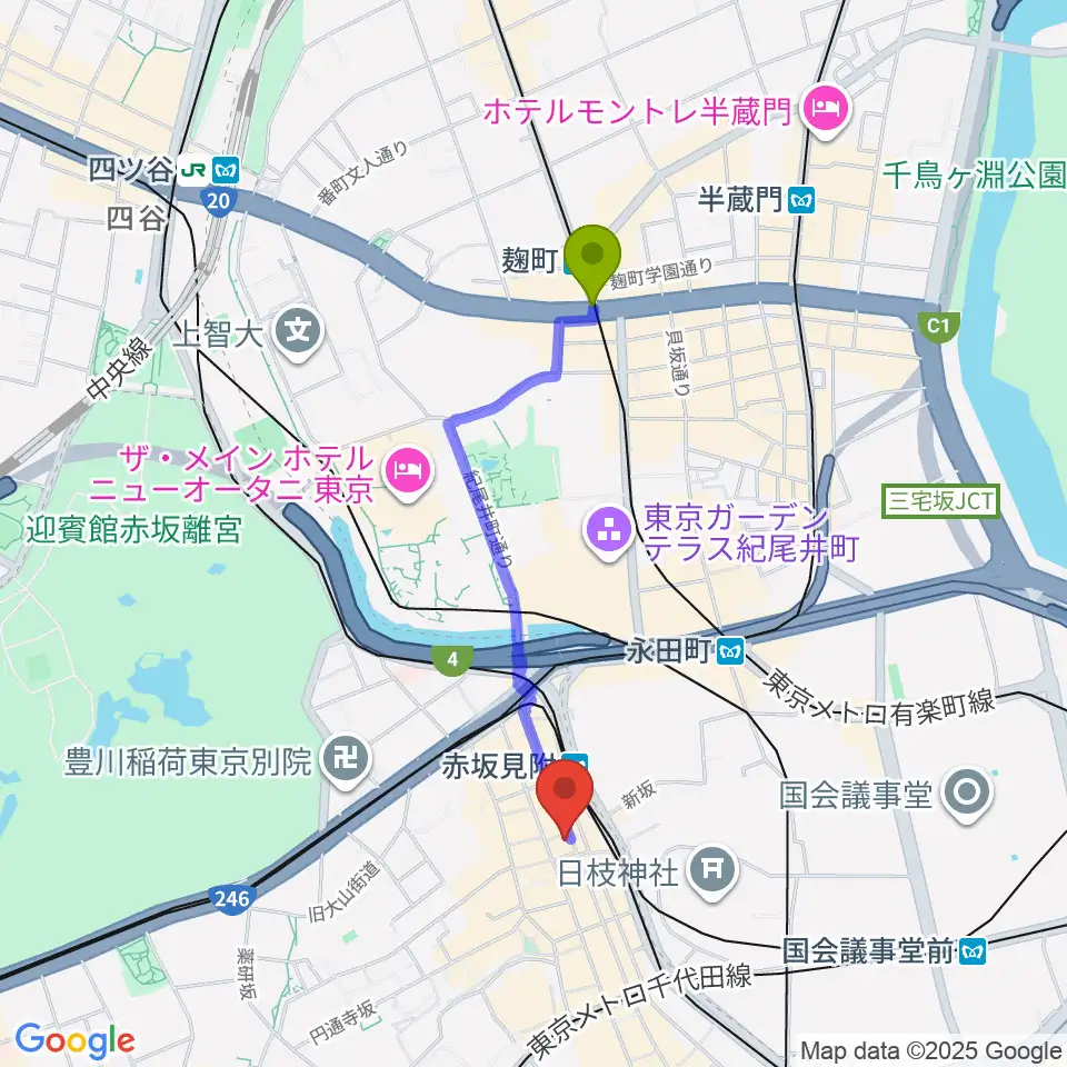 麹町駅から赤坂レッドシアターへのルートマップ地図