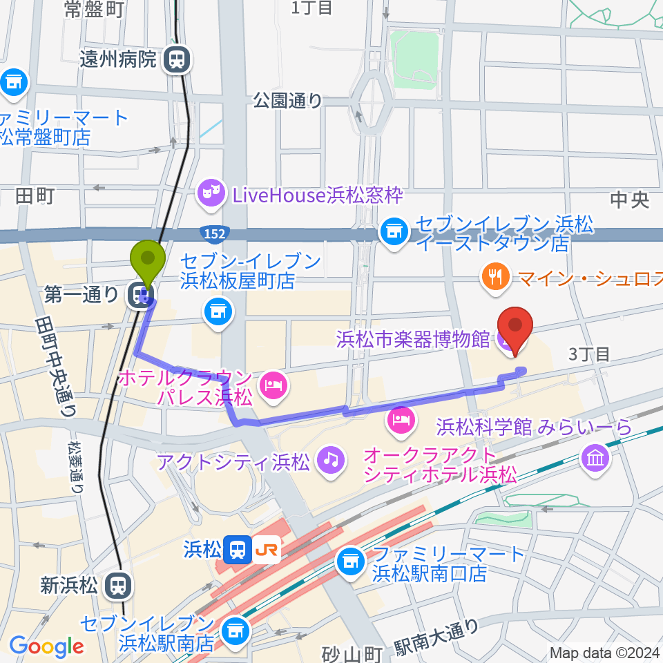 第一通り駅から浜松市楽器博物館へのルートマップ地図